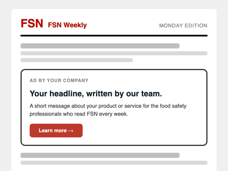 Example of a Standard Ad: a bordered card with your headline, message, and button inside the FSN Weekly newsletter