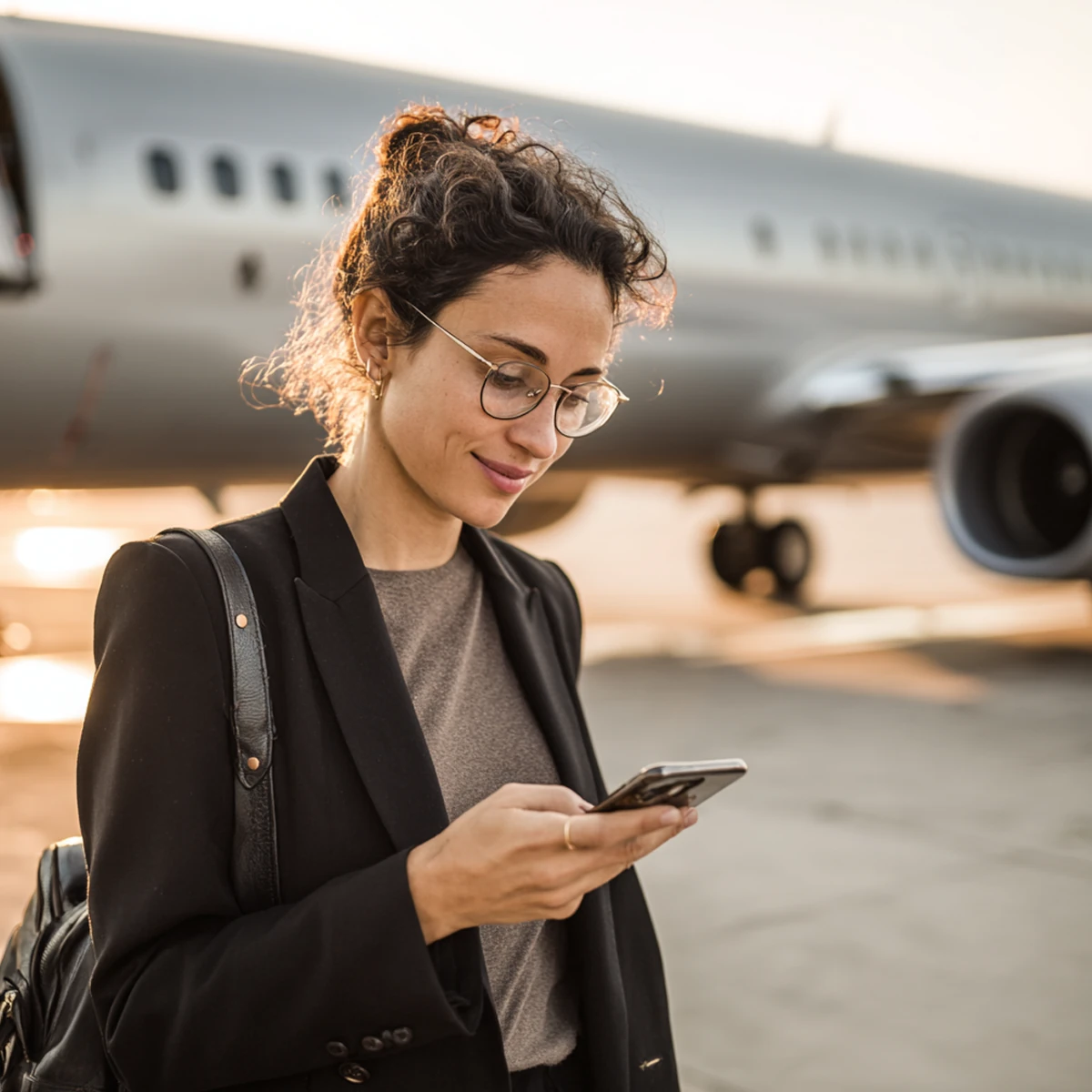 Woman with phone on tarmac