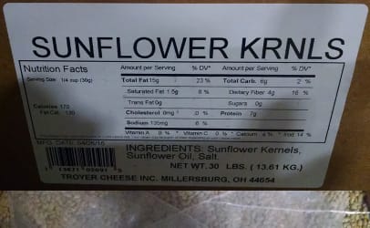 The recalled 7-ounce packages (top photo) have some identifying codes on the back label. The 30-pound bulk boxes (bottom photo) have a black and white label on their boxes.