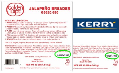 The recalled breading mix can be identified by the lot numbers circled in green.