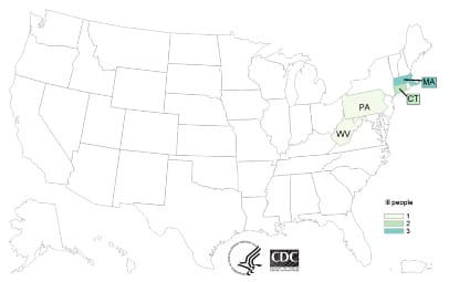 To read the CDC's initial report on the outbreak traced to Adams Farm slaughterhouse, click on the map.