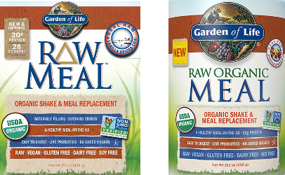 Garden of Life provided the label sample on the left to the FDA for posting with its recall notice. As the outbreak linked via DNA to its "Organic Raw Meal" powders spread across the country, the company redesigned its labels and changed the word order in the product name to "Raw Organic Meal" as shown on the right.