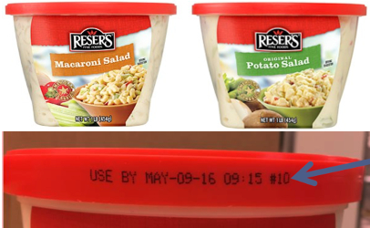 Recalled products include various potato salads, macaroni salads and tuna salads sold under the following brands: Reser's, Safeway, Walmart, Savemart, Stonemill Kitchens and Sysco. The Reser branded products can be identified by coding on the edge of the lid, as shown above.