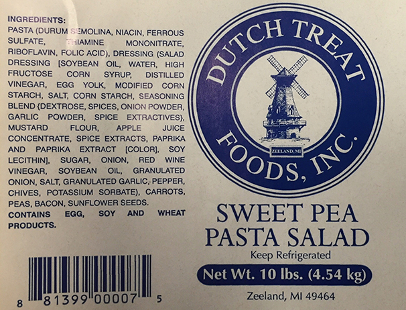 recalled Dutch Treat Foods pea pasta salad