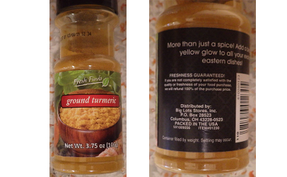 Consumers can identify the recalled Fresh Finds branded ground tumeric by the code number printed on the neck of individual jars (above left) and the code printed near the bar code on the back label (above right).