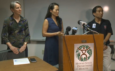 Hawaii Department of Health Officials take questions from reporters Aug. 16 following the announcement that frozen, imported scallops served at Genki Sushi restaurants have been linked to an ongoing Hepatitis A outbreak. Speakers included, from left, Health Director Dr. Virginia Pressler, State Epidemiologist Dr. Sarah Park and Sanitation Branch Chief Peter Oshiro.