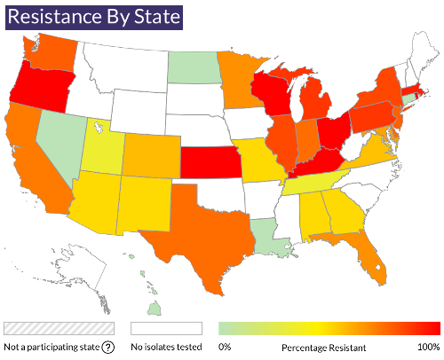 The percentages reflected in this map are based on the number of strains tested in each state. For example, in Kansas one strain was tested and found to be resistant, resulting in a 100 percent status. To view the interactive map on the CDC's website, click on the image. Source: NARMS report