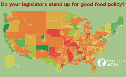 To view an interactive map that includes how all 535 members of the U.S. Congress have voted on key food issues, please click the above image.