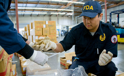 Inspectors from FDA collect a sample of seafood for testing.