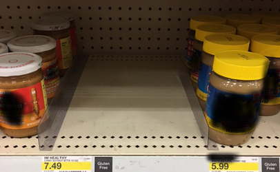 Shelf space tagged for I.M. Healthy brand soy nut butter was empty at a Target store in the Kansas City area after the SoyNut Butter Co. recalled products earlier this week because of the E. coli outbreak. As of Wednesday evening the products were still available for purchase online.