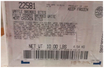 recalled Waynes Farms waffle chicken bites label