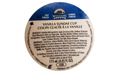 recalled Wholesome Farms-Sysco ice cream label