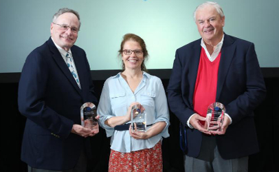 The 2017 NSF Food Safety Leadership Achievement Awards were presented to, from left, Jack Guzewick, trainer/consultant; Lee-Ann Jaykus, researcher at North Carolina State University; and David Theno of Gray Dog Partners. Jaykus received the innovation award while lifetime achievement awards went to Guzewick and Theno.