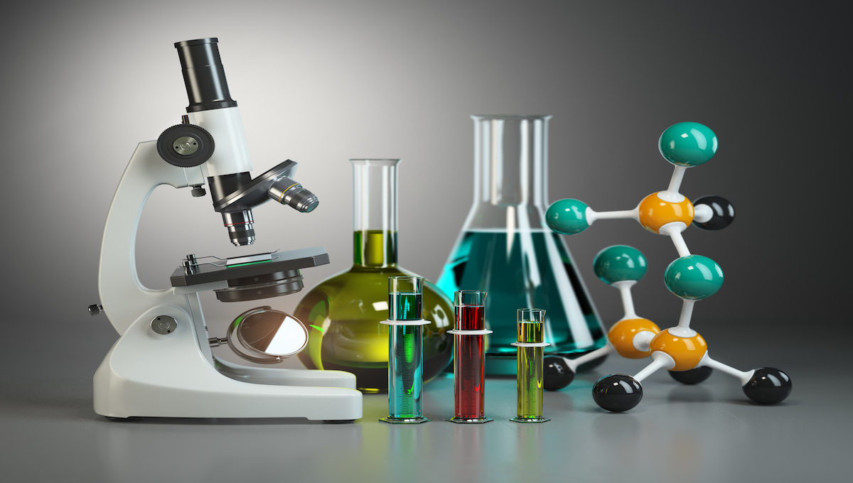 Microscope with flasks, vials and model of molecule. Chemistry or medical pharmaceutical labratory tools.