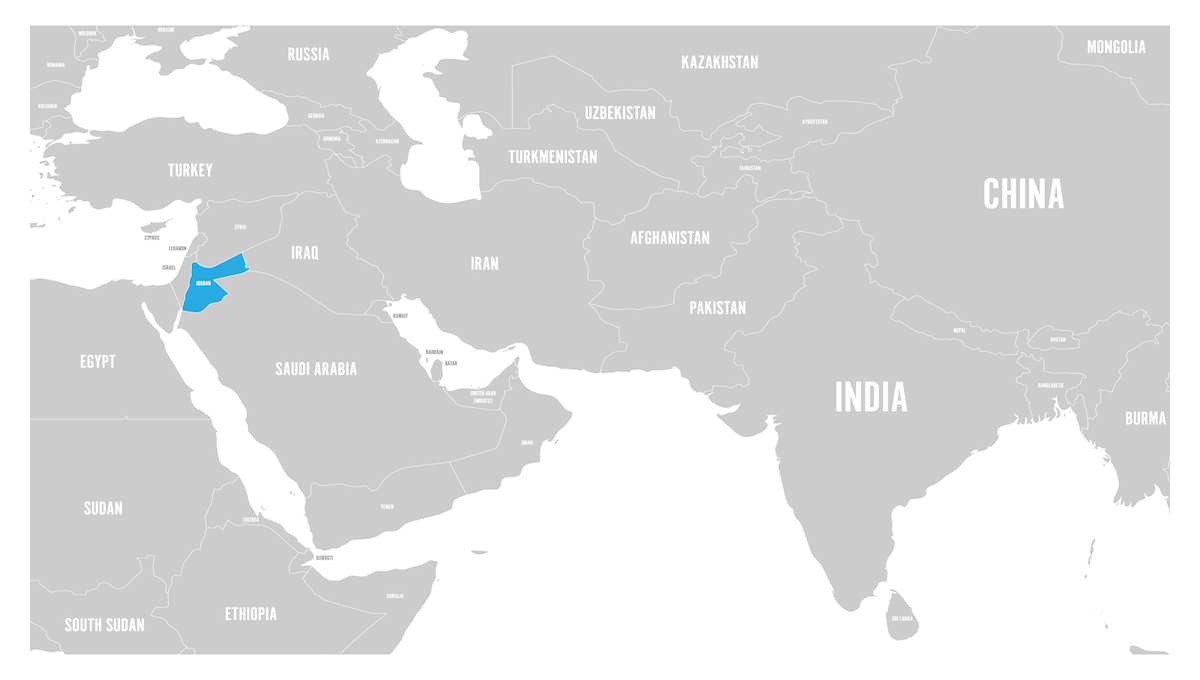 Jordan blue marked in political map of South Asia and Middle East. Simple flat vector map