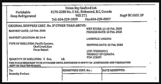 recalled Union Bay CFIA oysters