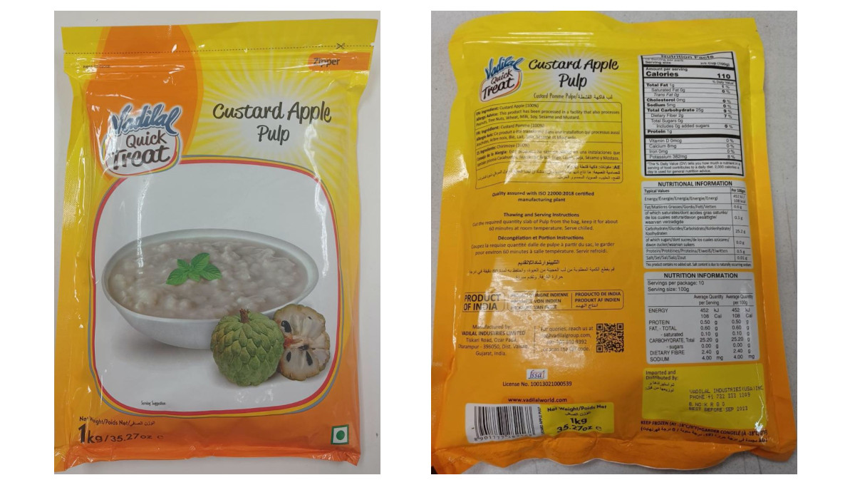 recalled Vadilal custard apple pulp