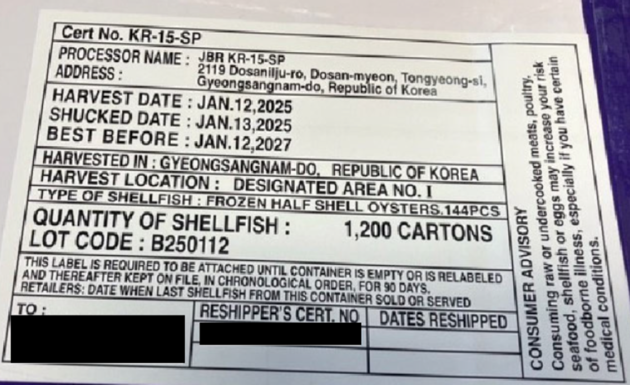 recalled Wang Globalnet oysters