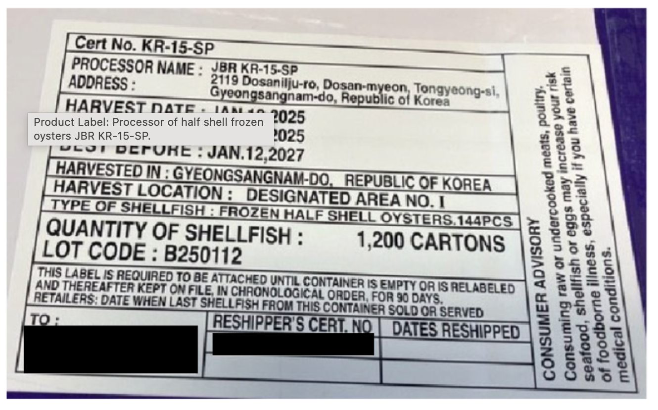 FDA issues third warning about frozen oysters from Republic of Korea that are linked to norovirus outbreak